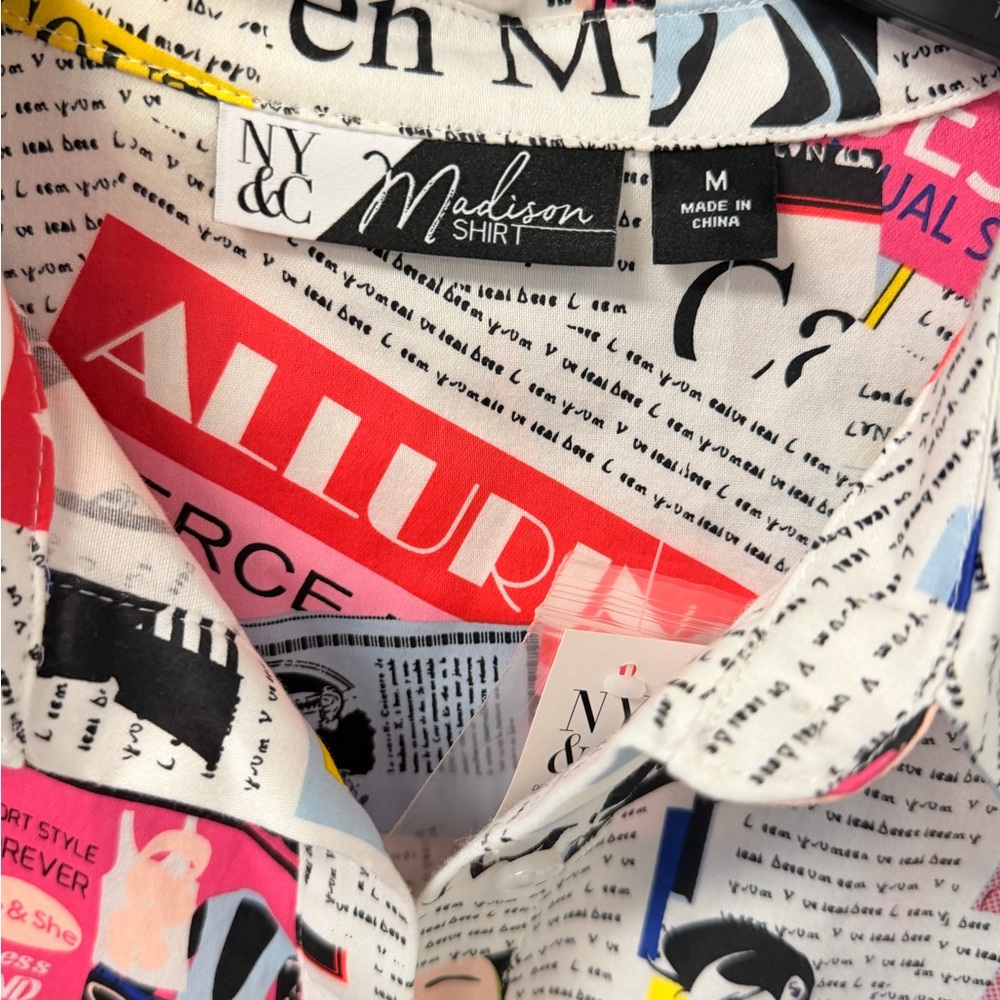 New York & Company Multi-Color Newspaper Collage Button-Down Shirt - Picture 2 of 9